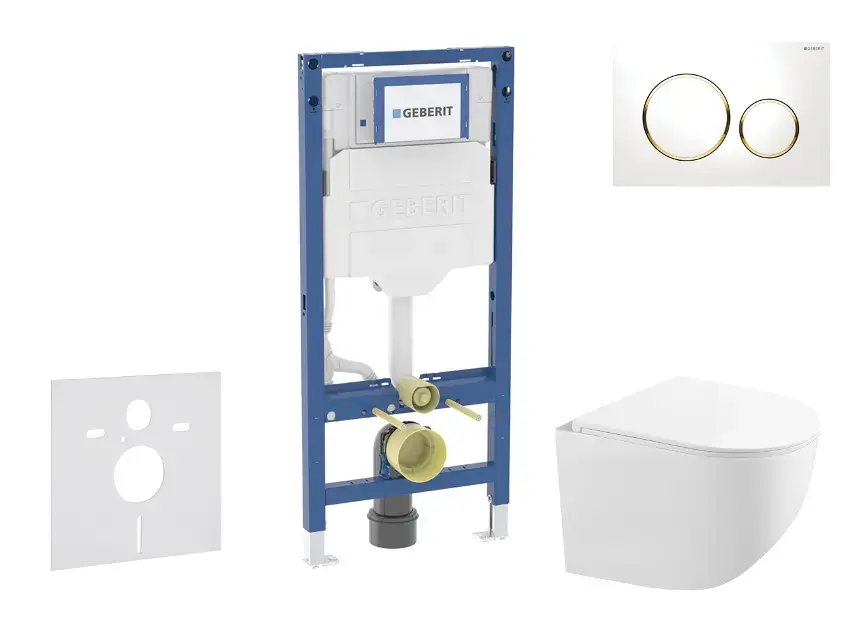 Geberit Duofix - Set de bâti-support, cuvette compacte Gaia et abattant softclose, plaque de déclenchement Sigma20, blanc/doré SANI11CA3147B