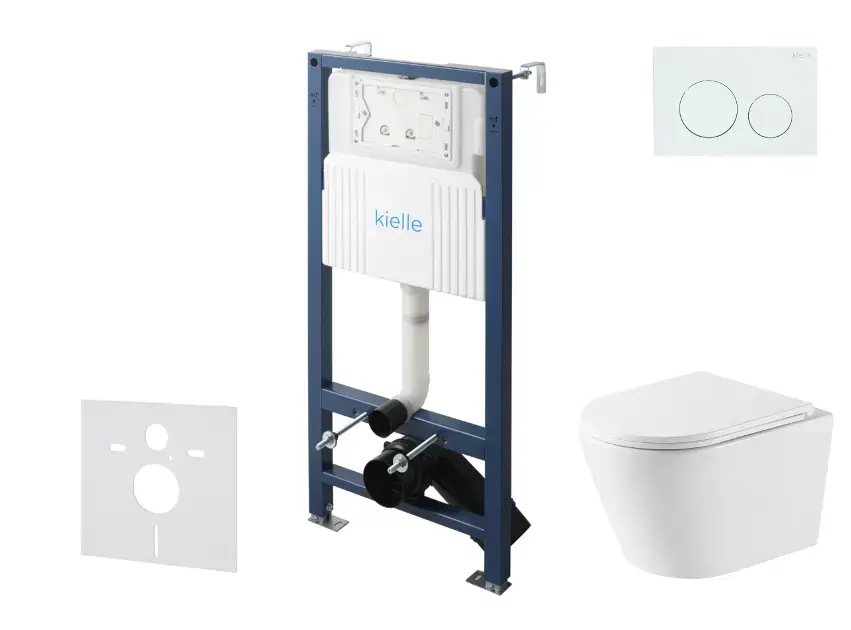 kielle Genesis New - Set bâti support, WC Nefia, Vortex Rimless+, abattant softclose et bouton-poussoir Gemini New I, blanc brillant 30528SS46