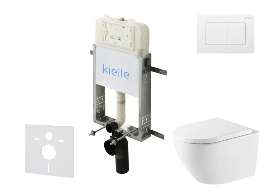 kielle Genesis New - Set bâti-support, WC Oudee, Vortex Rimless+, abattant softclose et bouton-poussoir Gemini New III, blanc brillant 30528SZ70