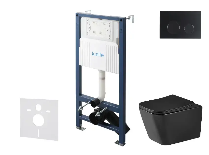 kielle Genesis New - Set bâti support, WC Arkas I, Vortex Rimless+, siège softclose et bouton-poussoir Gemini New II, noir mat 30528SS95