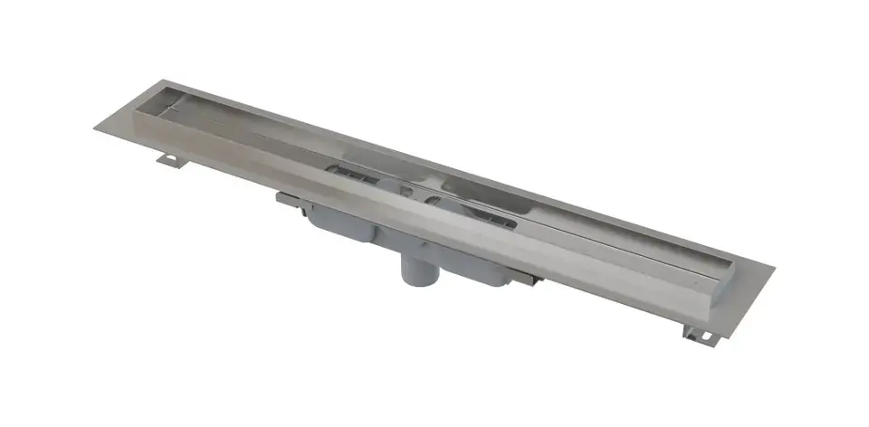 Alca - Caniveau de douche Professional 115 cm, avec rebord pour grille pleine, évacuation verticale, inox APZ1106-1150