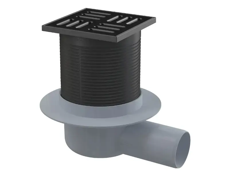 Alca - Siphon de sol latéral 11x11 cm, diamètre 5 cm, combiné avec un obturateur d'odeurs SMART, acier inoxydable noir mat/plastique APV31BLACK