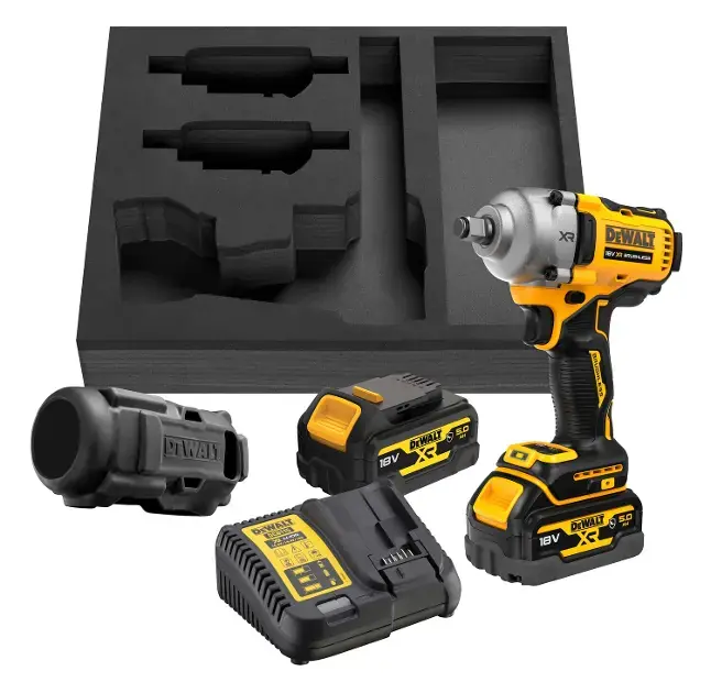DeWALT – Clé à chocs sans fil 18V, 2 batteries 5,0 Ah XR, housse en caoutchouc, chargeur DCF891P2G