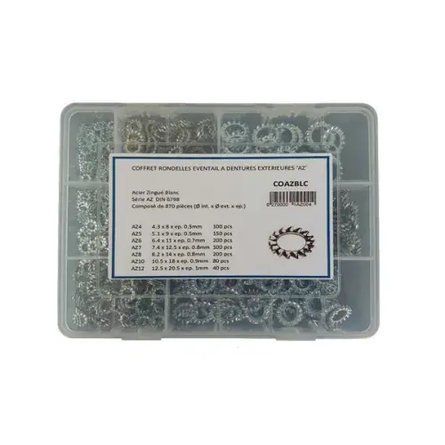 Coffret rondelles plate AZ – Eventail à dentures extérieures en acier zingué blanc