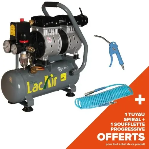 Compresseur silencieux portable 6L – 3,6 m³/h + tuyau spiral pro + soufflette progressive